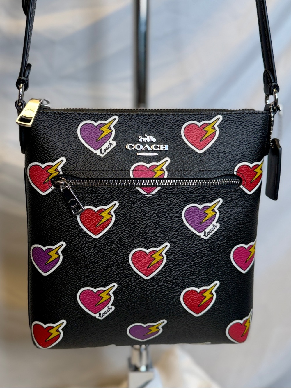 COACH Mini Rowan File Heart Lightning Bolt Canvas Leather Black Crossbody Bag